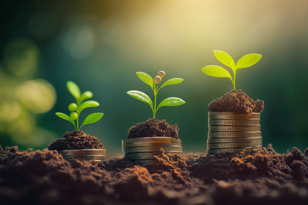 Pile of coins sitting on top of pile of dirt with plant growing out of it. Generative AI.の素材
