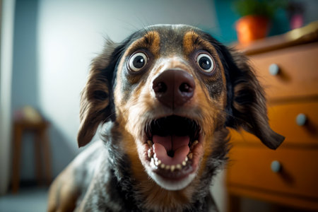 Close up of dog's face with it's mouth wide open. Generative AI.の素材