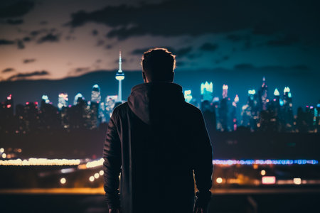 Man standing in front of cityscape at night with the lights on. Generative AI.の素材