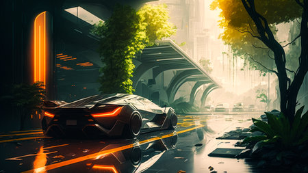 Futuristic car in the rain on city street. Generative AI.の素材
