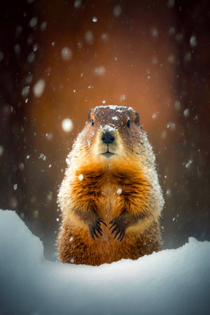 Groundhog standing on its hind legs in snow storm with snow falling on it. Generative AI.の素材