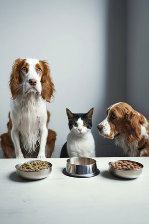 Two dogs and cat are sitting at table with bowls of food. Generative AI.の素材