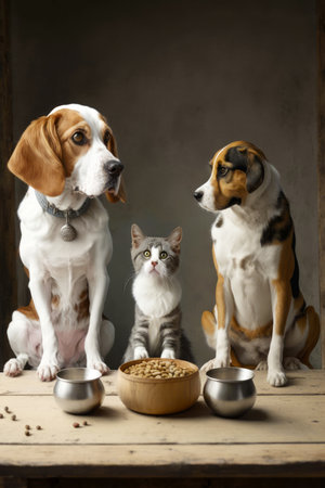 Dog and cat sitting next to each other with bowl of food in front of them. Generative AI.の素材