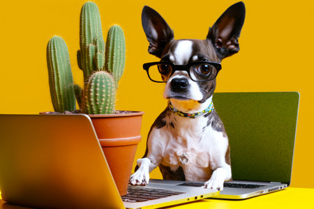 Small dog wearing glasses sitting on laptop with cactus in the background. Generative AI.の素材