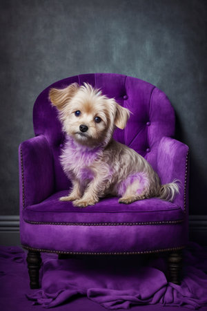Small dog sitting on purple chair with black background and gray wall behind it. Generative AI.の素材