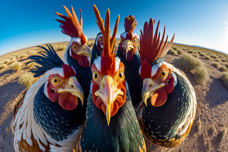 Group of roosters standing next to each other on dirt field. Generative AI.の素材