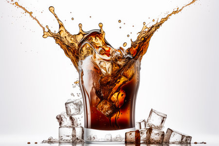 Glass of cola with ice cubes and splashing water on it. Generative AI.の素材