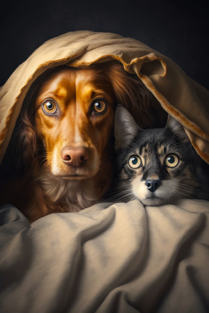 Cat and dog under blanket looking at the camera with sad look on their faces. Generative AI.の素材
