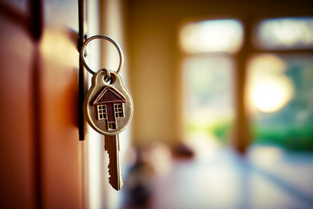 House key is hanging on door with window in the background. Generative AI.の素材