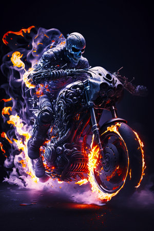 Man riding motorcycle on top of fire filled motorcycle with skull on the back of the bike. Generative AI.の素材