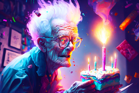 Elderly man blowing out candles on birthday cake with lit candle. Generative AI.の素材