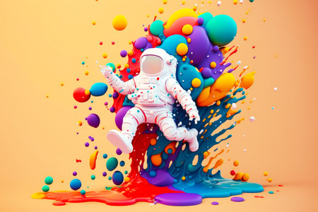 Astronaut floating in the air surrounded by colorful bubbles and liquid on yellow background. Generative AI.の素材