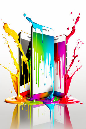 Group of three cell phones sitting next to each other on top of table. Generative AI.の素材