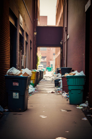 Narrow alley way with trash cans and trash cans on the side of the street. Generative AI.の素材
