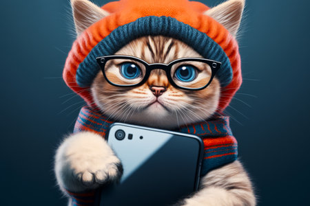 Cat wearing hat and glasses holding cell phone in its paws. Generative AI.の素材