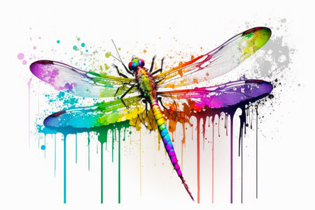 Colorful dragon flys through the air with paint splatters on it. Generative AI.の素材