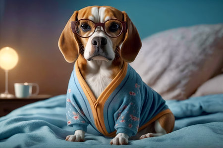 Dog wearing sweater and glasses on top of bed with blanket. Generative AI.の素材