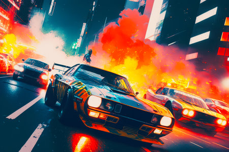 Group of cars driving down street next to fire hydrant. Generative AI.の素材