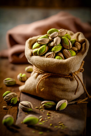 Bag filled with pistachios sitting on top of wooden table. Generative AI.の素材