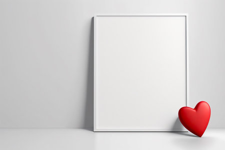 Red heart sitting on top of white frame next to white wall. Generative AI.の素材