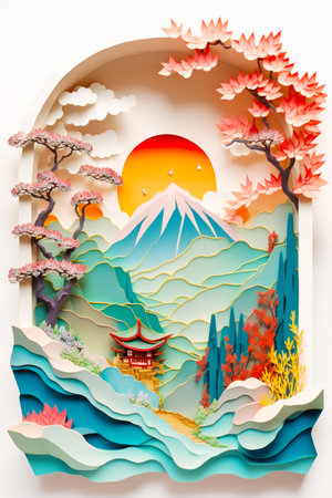 Paper cut of landscape with mountains, trees, and pagoda. Generative AI.の素材