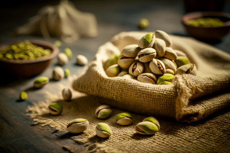 Sack of pistachios on table next to bowl of pistachios. Generative AI.の素材