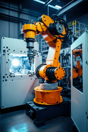 Machine that is working on piece of machinery in factory or factory. Generative AI.の素材