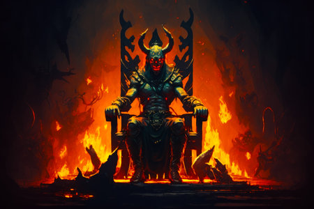 Image of demon sitting on throne in front of fire. Generative AI.の素材
