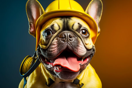 Small dog wearing yellow fireman's helmet and leash. Generative AI.の素材
