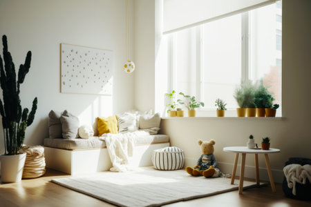 Teddy bear sitting on rug in front of window with potted plants. Generative AI.の素材