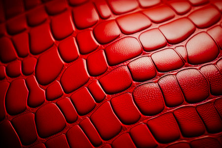 Close up of red leather textured surface with snake skin pattern. Generative AI.の素材