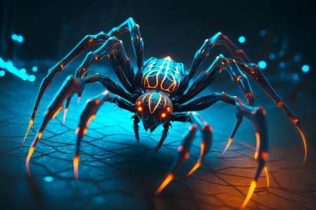 Close up of spider on tile floor with bright lights in the background. Generative AI.の素材