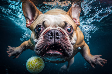 Dog swimming in the water with ball in its mouth and looking at the camera. Generative AI.の素材