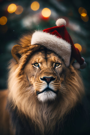 Close up of lion wearing santa hat with lights in the background. Generative AI.の素材