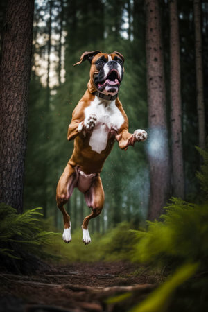 Brown and white dog jumping in the air in front of forest. Generative AI.の素材