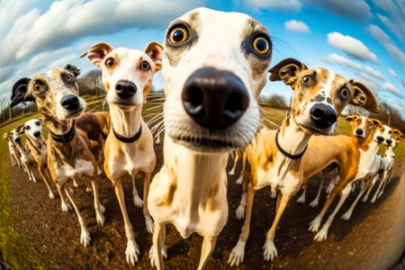Group of dogs standing next to each other on top of dirt field. Generative AI.の素材