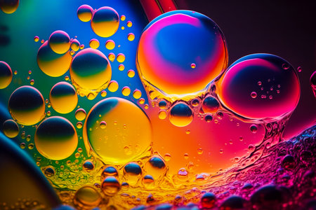 Close up of bunch of bubbles on liquid filled table top. Generative AI.の素材