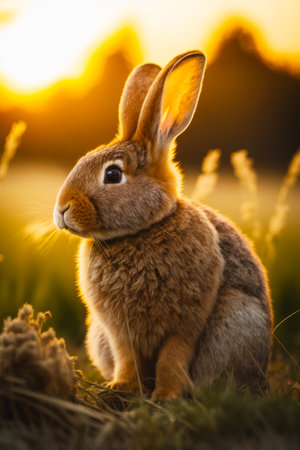 Close up of rabbit in the field of grass with the sun in the background. Generative AI.の素材