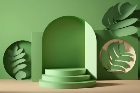 Empty stage with green leaves. Generative AI.の素材