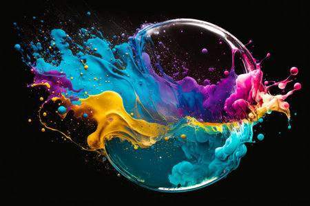 Colorful paint splashes on black background. Generative AI.の素材