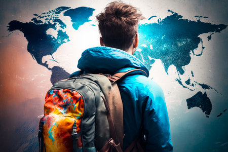 Man with backpack looking at the world map. Generative AI.の素材