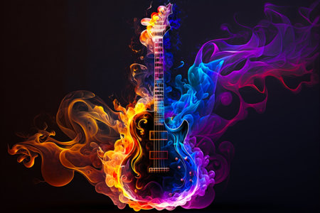 An electric guitar with colorful flames on it. Generative AI.の素材