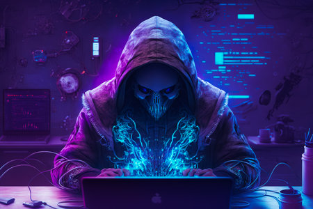 Man in hoodie sitting at laptop computer. Generative AI.の素材