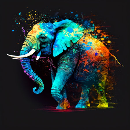 An elephant painted in colorful splashes on a black background. Generative AI.の素材