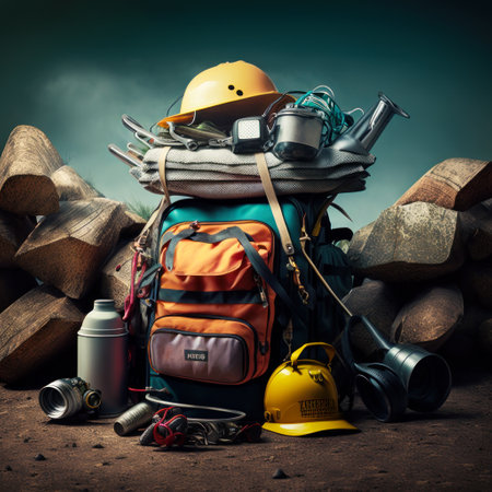 An image of backpack filled with various items. Generative AI.の素材