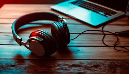 Pair of headphones sitting on top of wooden table next to laptop. Generative AI.の素材
