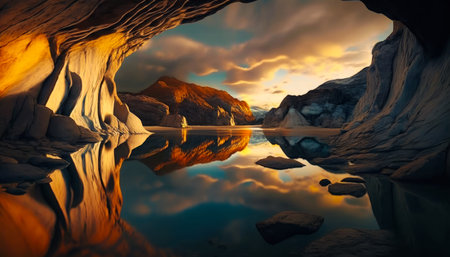 An image of a cave with water and rocks. Generative AI.の素材