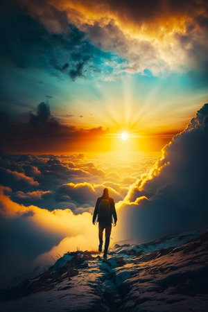 Man standing on top of mountain with the sun in the sky behind him. Generative AI.の素材