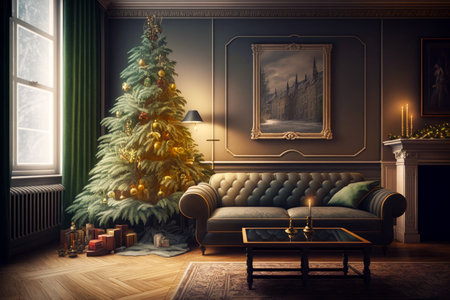 Living room decorated for Christmas with Christmas tree in the corner of the room. Generative AI.の素材
