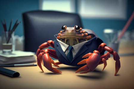 Crab dressed in suit and tie sitting on desk next to laptop. Generative AI.の素材